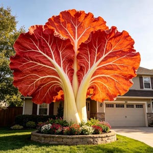 Könnte beinhalten: Eine riesige Skulptur eines Blattgemüses mit leuchtend orange-roten Blättern und dicken, blass cremefarbenen Stielen. Die Skulptur steht in einem kreisförmigen Steingartenbeet, das mit kleinen weißen, roten und grünen blühenden Pflanzen gefüllt ist.