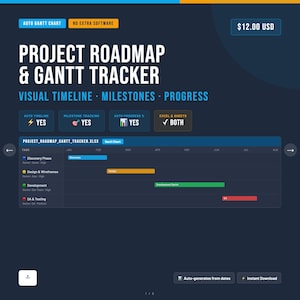 May include: A dark blue digital project roadmap and Gantt tracker with the text "PROJECT ROADMAP & GANTT TRACKER". The visual timeline includes milestones and progress. The chart shows task phases with colour-coded progress bars.