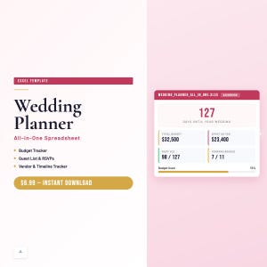 Puede incluir: Una plantilla digital de planificador de bodas con un encabezado burdeos que dice "Excel Template". El título "Wedding Planner" está en negrita. Incluye seguimiento del presupuesto, lista de invitados y seguimiento de proveedores. Un panel muestra detalles del presupuesto y RSVP.