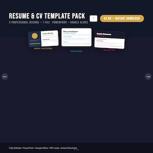 Puede incluir: Un gráfico azul oscuro con el texto "RESUME & CV TEMPLATE PACK" y tres diseños de currículum. Los diseños están etiquetados como "Modern Professional", "Clear Minimal" y "Creative Bold". También se ve el texto "$4.99 - DESCARGA INSTANTÁNEA".