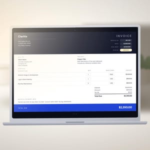 May include: A laptop screen displaying a digital invoice template for Claritio. The document includes sections for client details, project title, services like website design and maintenance, subtotal, discount, tax, and a total due of $2,350.00.