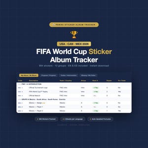 Puede incluir: Rastreador digital de álbum de pegatinas de la Copa Mundial de la FIFA con un fondo azul oscuro. El rastreador incluye secciones para rastrear pegatinas, grupos e intercambios. El texto incluye "USA CAN MEX 2026" y "994 pegatinas".