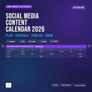 Puede incluir: Una plantilla digital de calendario de contenido de redes sociales para 2026, con un fondo degradado azul oscuro y púrpura. La plantilla incluye secciones para Instagram, TikTok, YouTube, LinkedIn y X/Twitter, con un diseño de calendario semanal. El precio es de 10,00 USD.