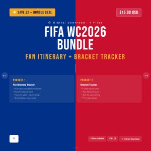 Puede incluir: Paquete de descarga digital para la FIFA WC2026, que incluye un rastreador de itinerario de fanáticos y un rastreador de corchetes. La imagen presenta texto sobre un fondo azul y rojo, con detalles del producto.