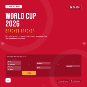 May include: Red graphic with the text "WORLD CUP 2026 BRACKET TRACKER." Includes a preview of the knockout bracket and the option to download in Excel & Sheets. The price is $6.00 USD.