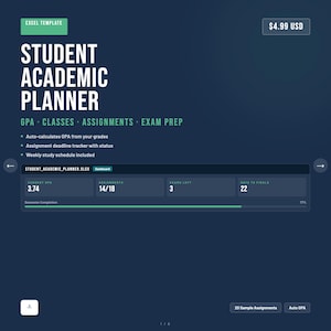 Puede incluir: Una plantilla digital de planificador académico para estudiantes con un fondo azul oscuro. El título dice "STUDENT ACADEMIC PLANNER" con secciones para GPA, clases, tareas y preparación de exámenes. Incluye cálculo de GPA, seguimiento de tareas y un horario semanal.