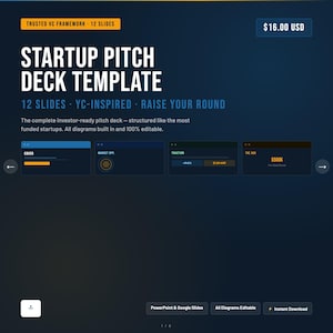 Puede incluir: Una plantilla digital para una presentación de startup. El diseño presenta un fondo azul oscuro con texto blanco y azul claro. La plantilla incluye 12 diapositivas, está inspirada en YC y está diseñada para ayudar a recaudar fondos. El texto incluye "Startup Pitch Deck Template".