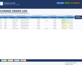 Modello Excel per il registro delle modifiche di costruzione / Monitoraggio delle modifiche / Gestione del progetto / Fogli Google
