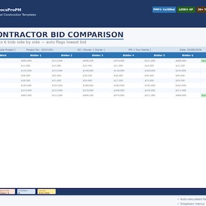 Subcontractor Bid Comparison Excel Template | Construction Tender | PM Tool | Google Sheets