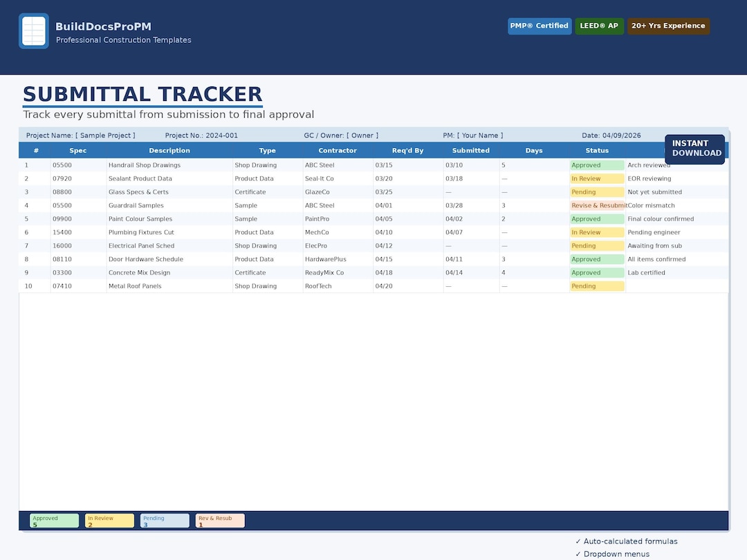 Construction Submittal Tracker Excel Template | Project Management ...