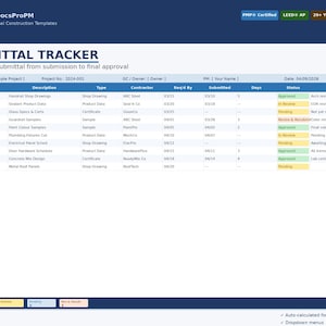 Puede incluir: Un documento azul y blanco titulado "SUBMITTAL TRACKER" con una tabla que rastrea los envíos. El documento incluye campos para el nombre del proyecto, el número del proyecto y los detalles del envío. La esquina superior derecha tiene un botón de "DESCARGA INSTANTÁNEA".