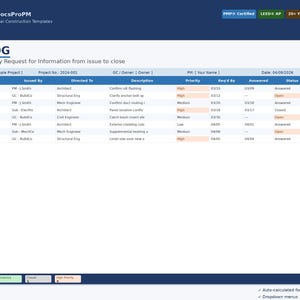 Puede incluir: Un documento azul y blanco titulado "RFI LOG" con una tabla que detalla la información del proyecto. El documento incluye campos para RFI#, fecha, emitido por, dirigido a, descripción, prioridad, solicitado por, respondido y estado. El documento es de BuildDocsProPM.