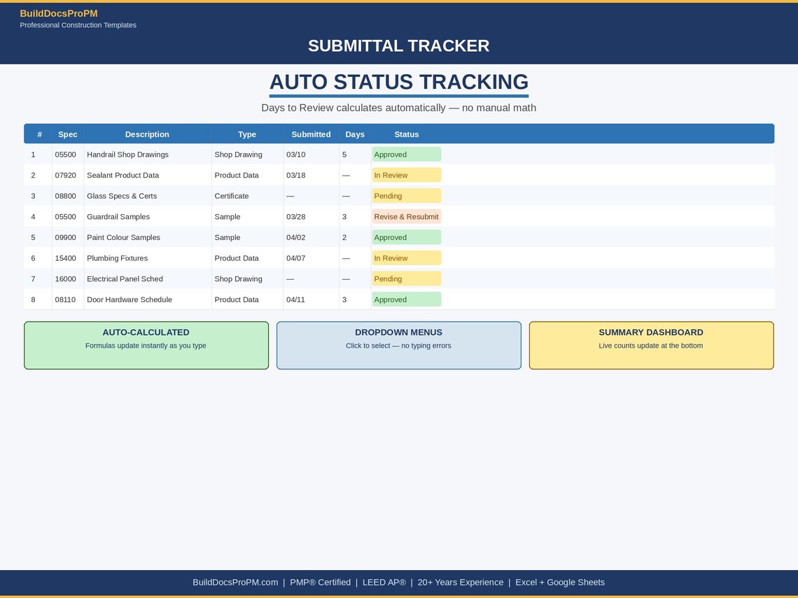 Construction Submittal Tracker Excel Template | Project Management ...