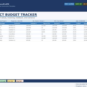 May include: Project Budget Tracker template with a blue header and a white background. The document displays a table with columns for contract values, invoicing, and variance. Includes the text "Instant Download".