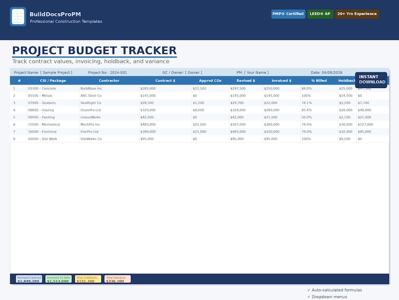Construction Budget Tracker Excel Template | Project Management ...