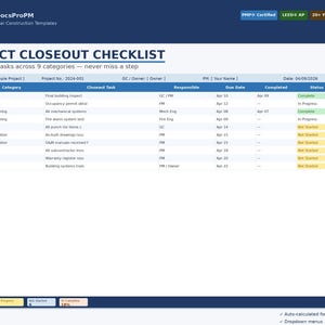 May include: A project closeout checklist template with 54 pre-filled tasks across 9 categories. The document includes sections for inspections, commissioning, documentation, and contracts. The checklist is available for instant download.
