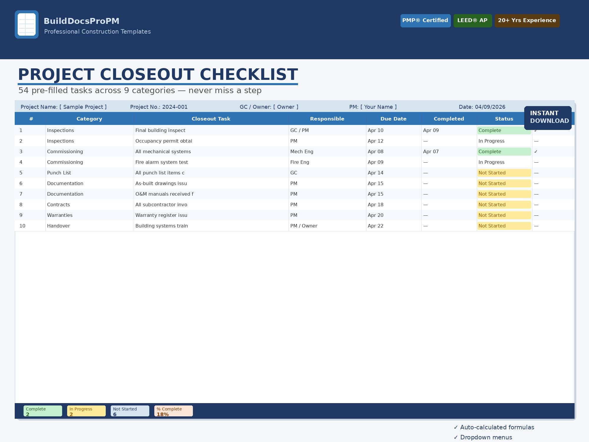 Construction Project Closeout Checklist Excel | 54 Tasks | PM Tool ...