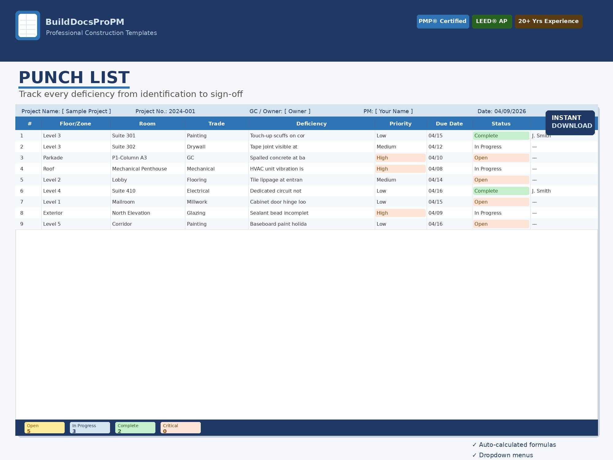 Construction Punch List Excel Template | Deficiency Tracker | Project ...