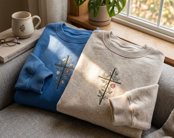 Floral Cross Embroidered Sweatshirt, Faith Based Christian Apparel
