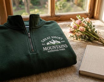Smoky Mountains National Park Embroidered Quarter Zip Sweatshirt – Vintage Travel Souvenir