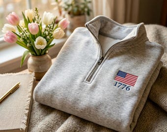 Embroidered USA Flag Quarter Zip Sweatshirt: Patriotic 1776 Shirt