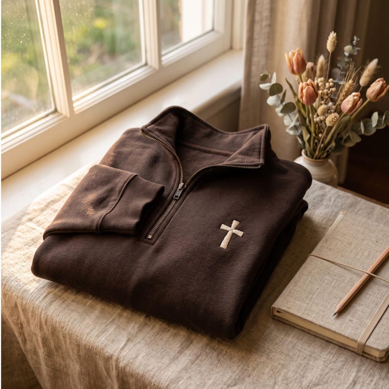 May include: A dark brown quarter-zip sweatshirt featuring a small, embroidered white cross on the left chest. The garment has a high collar, a metal zipper closure, and long sleeves with ribbed cuffs, presented in a folded, clean arrangement.