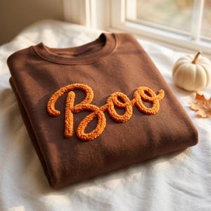 May include: A brown crewneck sweatshirt featuring the word Boo written in orange, textured, raised chenille-style lettering across the chest. The garment has long sleeves and a ribbed collar, showcasing a soft, solid-colored fabric construction.