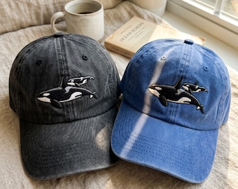 Embroidered Orca Whale Cap, Ocean Beachy Washed Cotton Hat