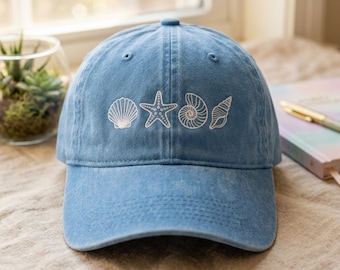 Gorra de béisbol bordada con conchas marinas, gorra de verano para la playa, regalo para amantes del océano.