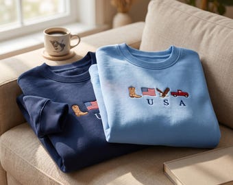 Embroidered USA Patriotic Crewneck, Minimalist American Flag Tee, Americana Style
