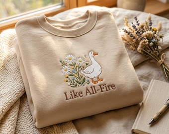 Sudadera con bordado de ganso y flores – Cómoda prenda de mezcla de algodón