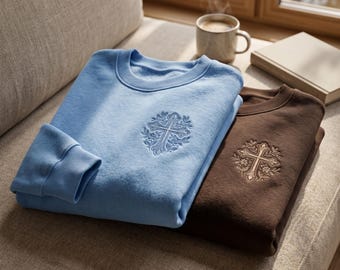 Embroidered Floral Cross Sweatshirt, Christian Faith Apparel, Worship Outfit