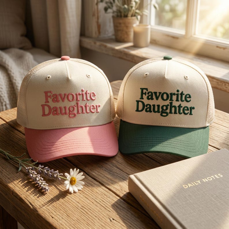 Puede incluir: Dos gorras tipo camionero con paneles frontales color crema y parte trasera de malla. La gorra izquierda tiene bordado rosa con el texto Favorite Daughter y visera rosa. La derecha tiene bordado verde oscuro Favorite Daughter y visera verde.