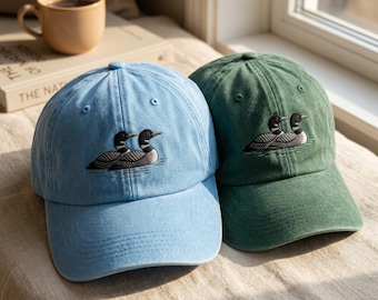 Gorra de algodón lavado con bordado de un pájaro somormujo – Gorra de estilo vintage