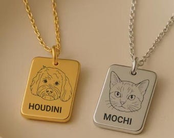Aangepaste ketting huisdier portret, gepersonaliseerde aangepaste gegraveerde huisdier naamplaatje ketting, huisdier portret herdenkingssieraden, hanger ketting heren