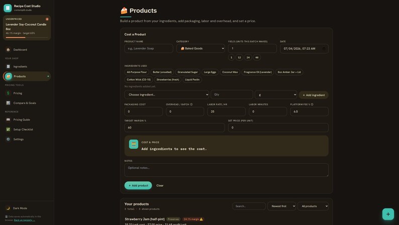 Rezept Kosten & Preise Rechner App | Home Baker, Maker Profit Marge Werkzeug | Bearbeiten Sie den Preis einmal für jedes Produkt Offen Bild 6
