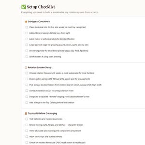 May include: A digital interface titled Toy Tracker Studio displaying a Setup Checklist. The screen features a sidebar with navigation options and a main content area containing three sections: Storage & Containers, Rotation System Setup, and Toy Audit Before Cataloging, each with multiple checkboxes for task management.