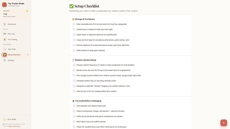 May include: A digital interface titled Toy Tracker Studio displaying a Setup Checklist. The screen features a sidebar with navigation options and a main content area containing three sections: Storage & Containers, Rotation System Setup, and Toy Audit Before Cataloging, each with multiple checkboxes for task management.