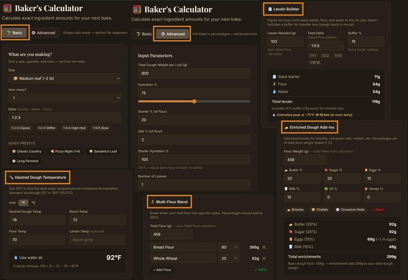 Op de afbeelding: Een donkerbruine Baker's Calculator-interface met tabbladen voor Basis- en Geavanceerde instellingen. Het bevat invoervelden voor deeggewicht, hydratatie en starterpercentages. De calculator bevat opties voor het bouwen van desem en verrijkte deegtoevoegingen.