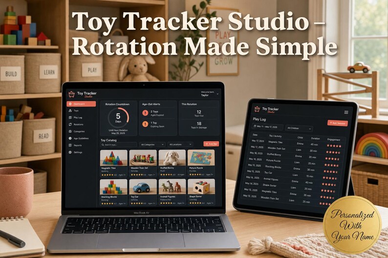 May include: A laptop and tablet displaying the Toy Tracker Studio software interface with a dark theme. The screen shows a toy catalog, rotation countdown, and play logs. A gold circular sticker reads Personalized With Your Name.