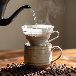May include: A black gooseneck kettle pours hot water into a clear glass coffee dripper with a white paper filter, resting atop a speckled beige ceramic mug. Dark roasted coffee beans are scattered around the base of the mug on the surface.