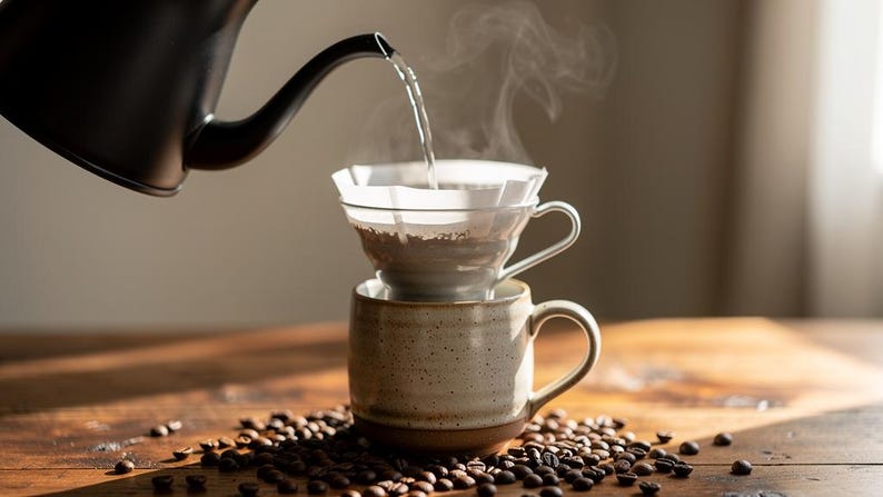 May include: A black gooseneck kettle pours hot water into a clear glass coffee dripper with a white paper filter, resting atop a speckled beige ceramic mug. Dark roasted coffee beans are scattered around the base of the mug on the surface.