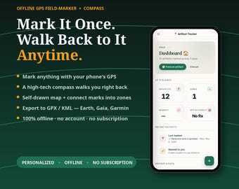 GPS Artifact Tracer App | Mark & Find Sprinkler Heads, Trail Cameras, Property Corners — Offline Waypoint Map + Compass, No Subscription