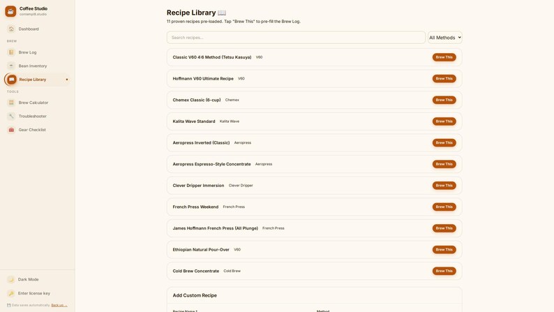 May include: A digital interface titled Coffee Studio displaying a Recipe Library with a list of coffee brewing methods including V60, Chemex, Kalita Wave, Aeropress, Clever Dripper, French Press, and Cold Brew, each featuring a Brew This button.