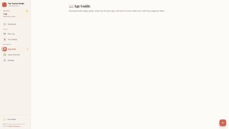 May include: A digital interface for Toy Tracker Studio featuring a sidebar with navigation options including Dashboard, Play Log, Toy Catalog, Age Guide, Setup Checklist, and Settings. The main content area displays the heading Age Guide.