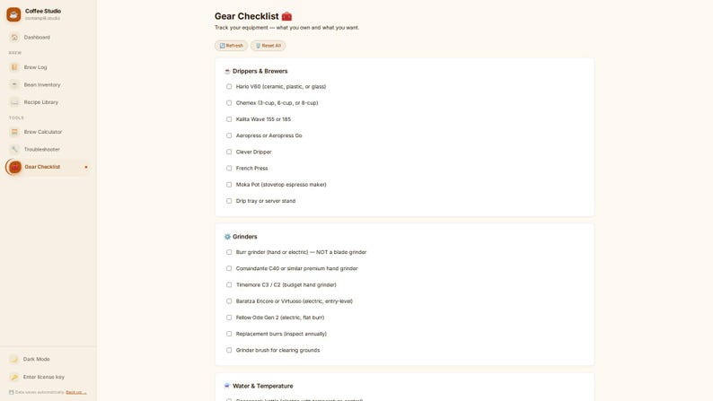 May include: A digital interface titled Gear Checklist for a Coffee Studio application. The screen displays a sidebar with navigation options and a main content area featuring categorized lists of coffee equipment including drippers, brewers, and grinders.