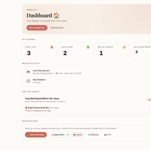 May include: A digital dashboard interface titled Toy Tracker Studio displaying toy inventory metrics including total toys, active toys, rotation alerts, and recent activity logs. The layout features a sidebar navigation menu and a main content area with data cards for tracking toy usage and backup options.