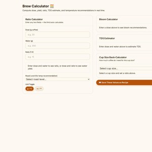 May include: A digital interface titled Brew Calculator featuring a sidebar with navigation links and a main panel containing input fields for coffee dose, water, and ratio, alongside sections for bloom, TDS estimation, and cup size calculations.