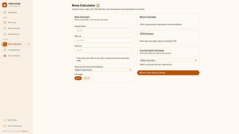 May include: A digital interface titled Brew Calculator featuring a sidebar with navigation links and a main panel containing input fields for coffee dose, water, and ratio, alongside sections for bloom, TDS estimation, and cup size calculations.