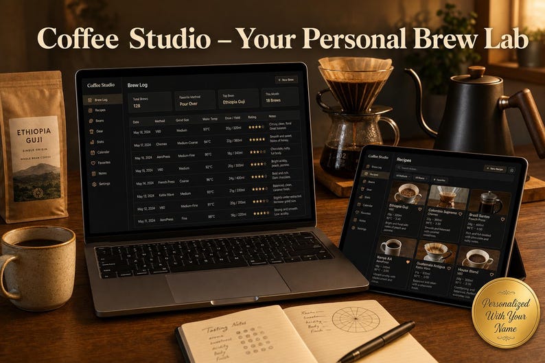 May include: A laptop and tablet displaying the Coffee Studio software interface, a bag of Ethiopia Guji coffee beans, a ceramic mug, a pour-over coffee dripper, a kettle, and an open notebook with a pen. The text reads Coffee Studio &ndash; Your Personal Brew Lab.